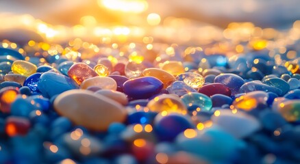 A beautiful beach covered with colorful glass pebbles, the sun illuminates the pebbles and makes their colors shine, which is very beautiful to look at. Which gives people comfort and joy.