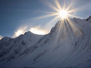 Mountain with glacier and sun is setting.