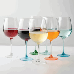 Four Wine Glasses with Different Colored Wines on Wooden Coasters