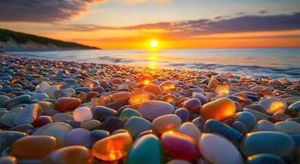 Obraz premium A beautiful beach covered with colorful glass pebbles, the sun illuminates the pebbles and makes their colors shine, which is very beautiful to look at. Which gives people comfort and joy.