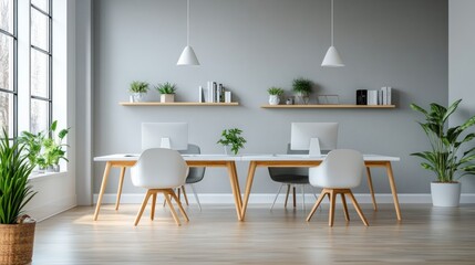 Minimalist office with simple white desks, modern chairs and open shelves decorated with small plants to add freshness.
