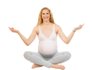 Pregnant woman relax doing yoga, sitting in lotus position over transparent background. PNG transparent.