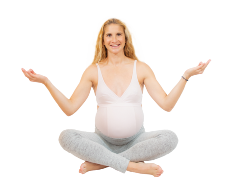 Pregnant woman relax doing yoga, sitting in lotus position over transparent background. PNG transparent. - Powered by Adobe