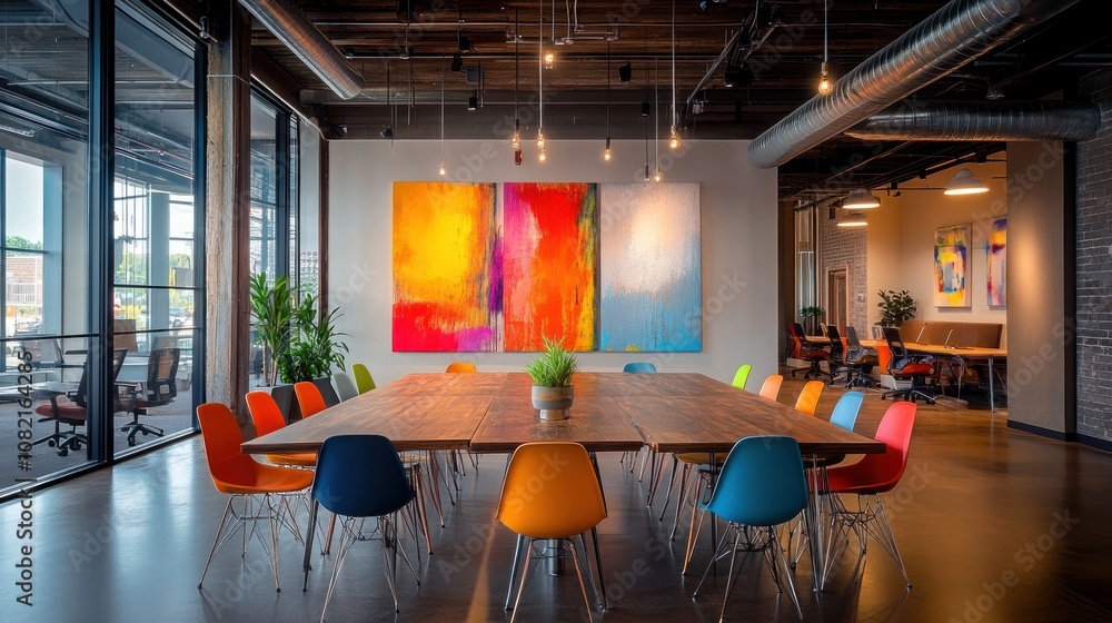 Poster open office space with long tables and colorful chairs. abstract art on the walls and ceiling lights