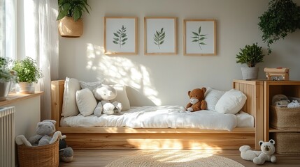 Scandinavian children's bedroom decorated with wooden bed and white cushions, cute paintings on the walls and small potted plants to add brightness