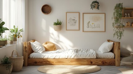 Scandinavian children's bedroom decorated with wooden bed and white cushions, cute paintings on the walls and small potted plants to add brightness