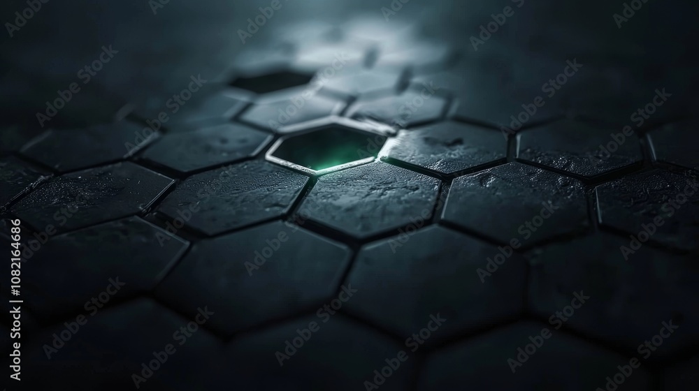 Poster a black background on which an abstract hexagonal mesh tunnel appears. illustration in 3d.