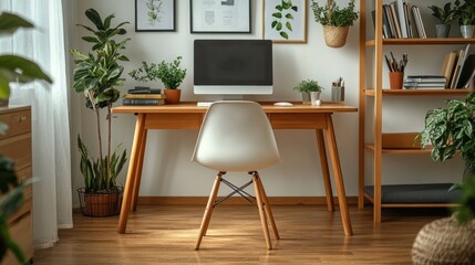 Scandinavian style office with simple wooden table and chair, bookshelf and small green plants Create a comfortable and creative atmosphere