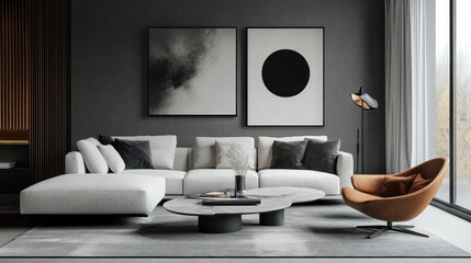 The living room wall decorated with minimalist art, simple lines and black and white tones add a touch of elegance and modernity to the room.
