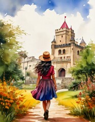 Obraz premium watercolor of a girl walking toward a castle with copy space