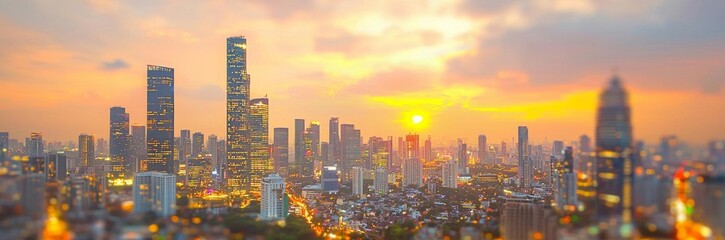 Fototapeta premium Rooftop party blur city background of blurry sunrise or happy golden hour sunset evening with heatwave