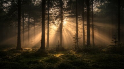 Fototapeta premium Sunbeams Filtering Through a Foggy Forest