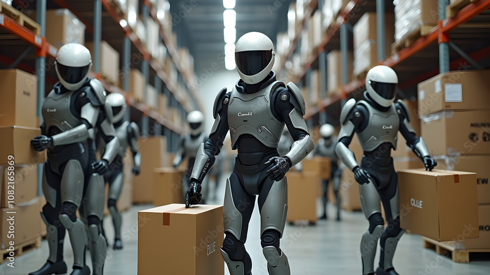 Aufkleber robots are working in a warehouse, carrying boxes with precision and efficiency, showcasing advanced