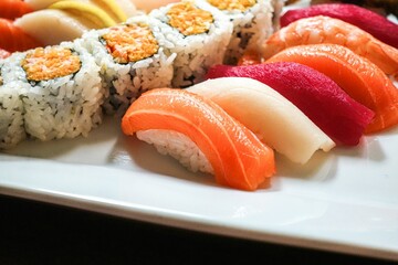 Assorted Sushi and Sashimi on Plate