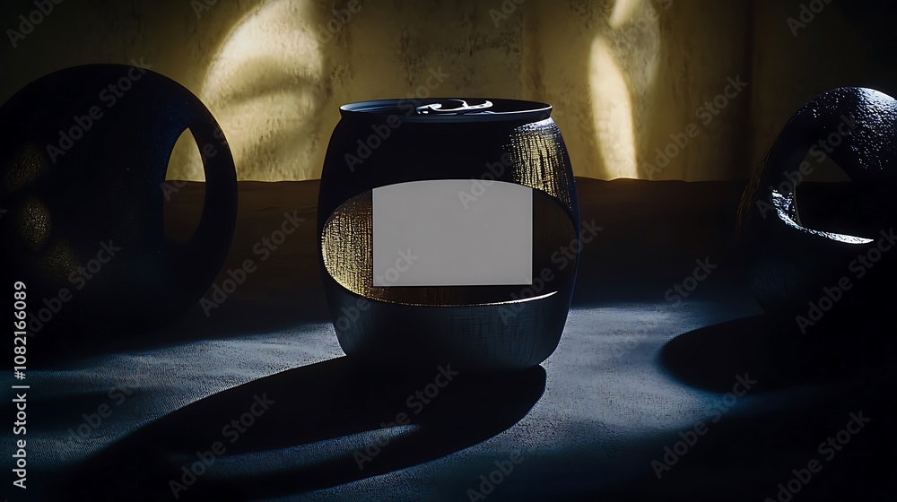 Poster black can with blank label mockup on a dark background with light shining through a curtain.
