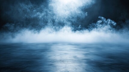 Fototapeta premium Blue mist covering reflective surface in dark studio