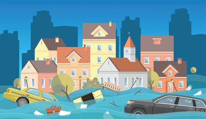 Flooding in the city. Water carries away cars, furniture and other objects. Natural disaster.