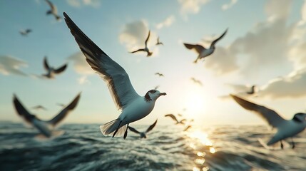 Obraz premium Small Group of Seabirds Flying in a Row Across the Sky