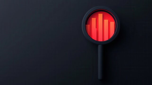 A magnifying glass over a red and gray bar graph, symbolizing analysis and data interpretation on a dark background.