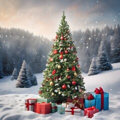 Obraz premium Holiday Charm: Christmas Tree with Gifts Amidst a Winter Wonderland
