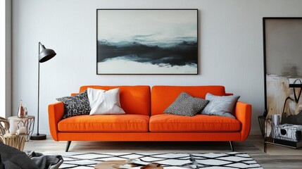 Bright living room with an orange sofa as the focal point, abstract art, and subtle decor elements.