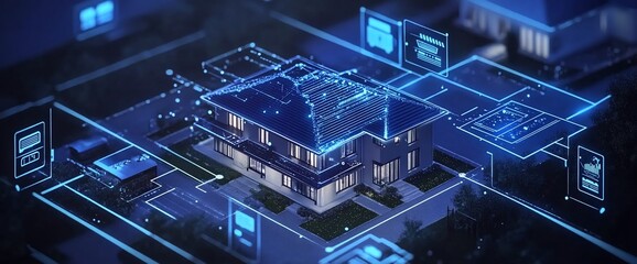 Smart home technology concept.  A modern house is integrated with digital interfaces, showing automation and control.