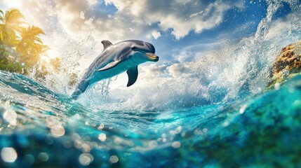 Fototapeta premium A Dolphin Leaping Out of the Water with a Splash of Spray and a Blue Sky in the Background
