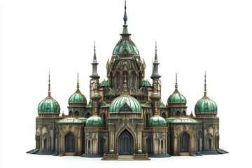 Obraz premium Elaborate palace design with domes and intricate details, white isolated background.