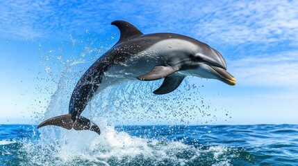 Fototapeta premium A Striped Dolphin Leaps from the Ocean with a Splash