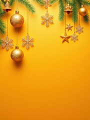 Fototapeta premium Christmas elements such as golden ornaments, snowflakes, bells, and stars hanging on a gold background, stars, bells