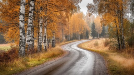 Obraz premium Curving Road Through Autumnal Birch Forest