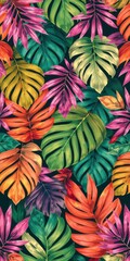 Colorful tropical leaves pattern in vibrant hues of green, pink, and orange, creating a seamless background perfect for summer designs, foliage