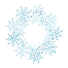 Blue snowflakes in christmas tree shape. Christmas decoration in vintage. Hand drawn watercolor illustration for New Year holiday design. Isolated clipart for postcard, scrapbooking, showcase, sale.