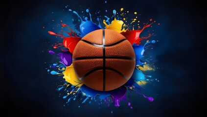 Basketball with colorful paint splashes against dark background, creating dynamic and artistic effect
