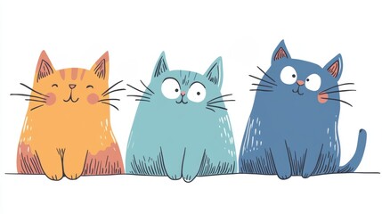 Three cute cartoon cats, colorful design, white isolated background.
