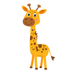 Fototapeta premium Cute Cartoon Illustration of a Friendly Giraffe with Big Eyes and a Gentle Smile, Perfect for Children's Books or Educational Materials