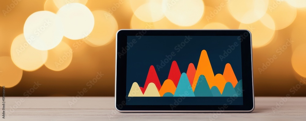Poster a digital tablet displays a colorful data visualization against a soft blurred background, capturing