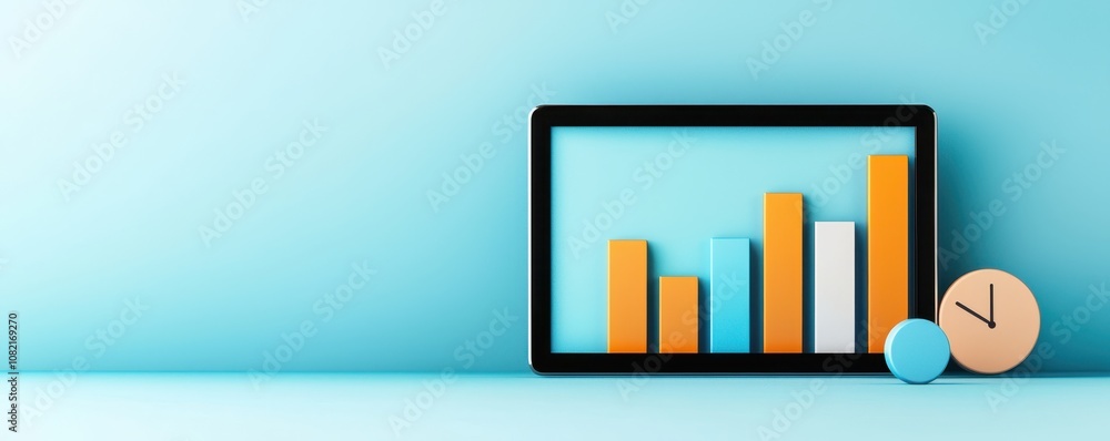 Poster a colorful bar chart on a tablet screen, showcasing growth and performance metrics, with a clock and