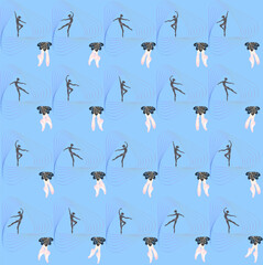 Ballet dancing Seamless pattern with silhouettes of ballerinas and pointe shoes on a blue background Dance background