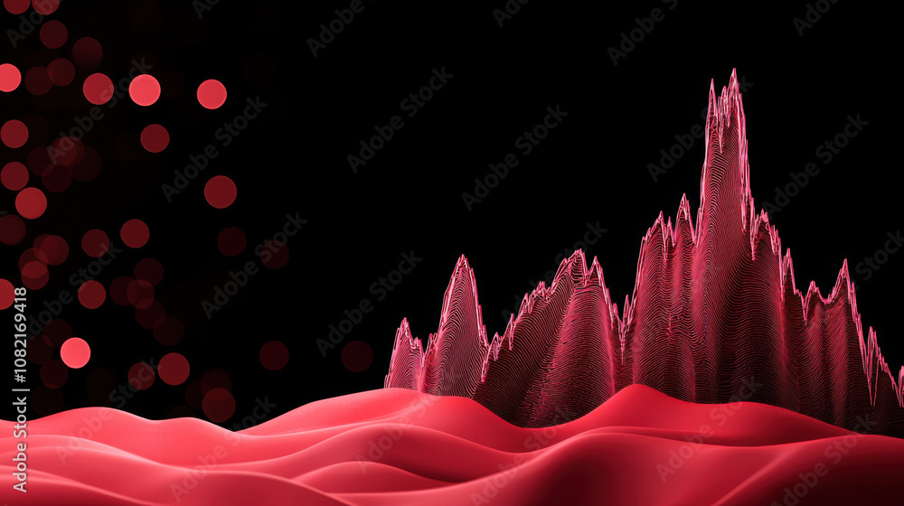 Poster stock decline concept. digital wave pattern with red peaks and bokeh lights