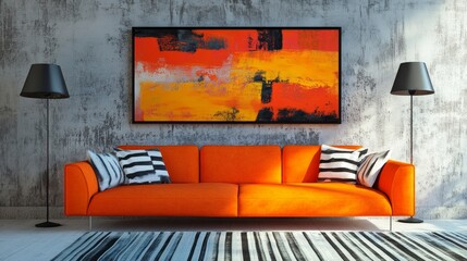 Modern living room with an orange sofa, abstract art on the walls, and sleek, minimalist furnishings.