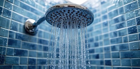 Close-up of the water flowing from an overhead showerhead in a bathroom
