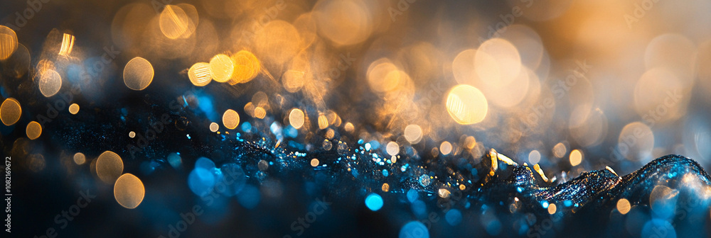 Poster glimmering bokeh lights on a textured surface at dusk