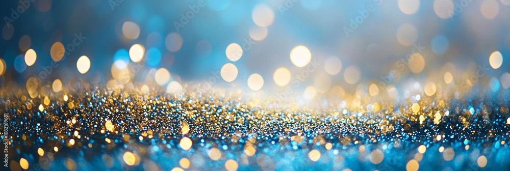 Poster sparkling blue and gold bokeh background with shimmering lights