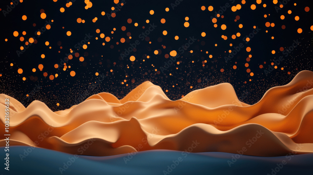 Poster stock decline concept. dynamic abstract landscape with flowing shapes and glowing particles