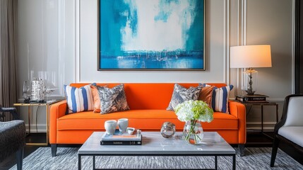 Vibrant living room with an orange sofa, abstract wall art, and contemporary decor elements.