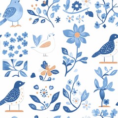 Colorful floral and bird pattern design with blue tones on a white background for home decor