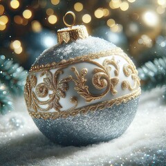 boule de no&euml;l d&eacute;cor&eacute;e d'or pos&eacute;e dans la neige