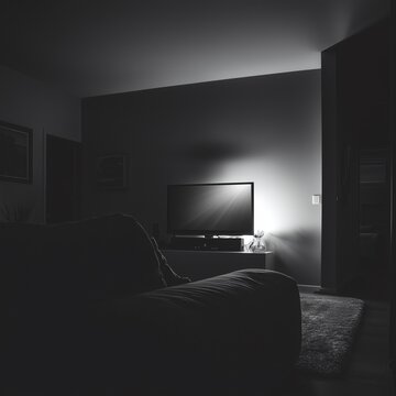 Television in Dark Bedroom with Single Lamp On