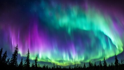 Cosmic aurora lights with vivid greens purples and blues dancing across the sky, AI Generated